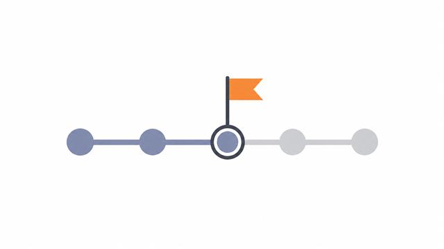 Ilustración de una línea de tiempo con hitos marcados y una bandera en el punto actual