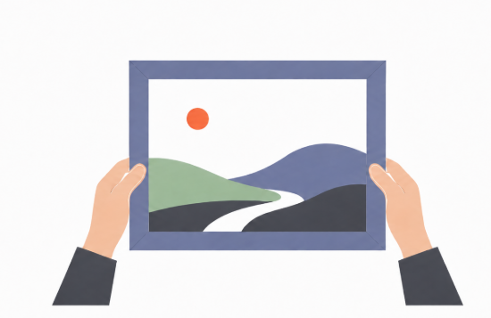 Ilustración de dos manos sosteniendo un marco vacío frente a un paisaje de cerros con un sol naranja