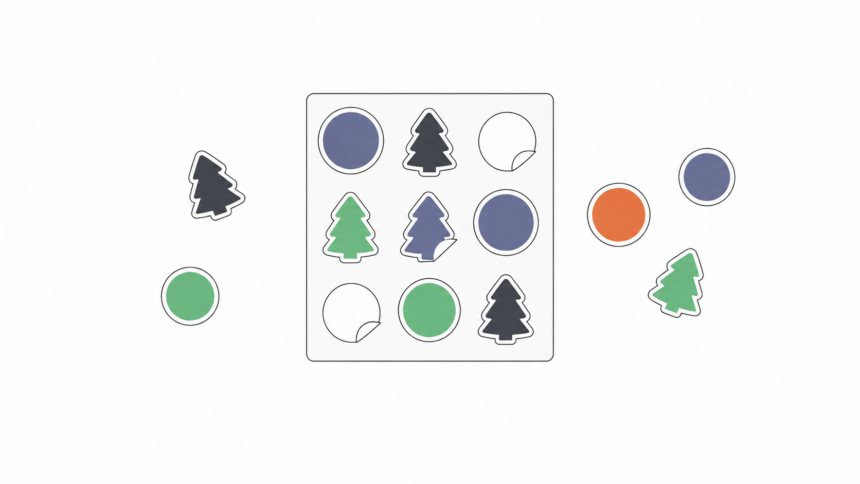 Ilustración de una lámina de stickers con círculos y árboles, y adhesivos sueltos alrededor